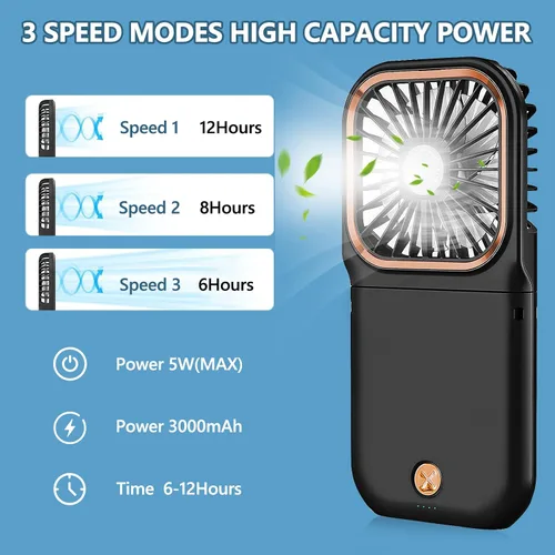 Miniatura 5 de Ventilador de mano portátil con soporte para teléfono, fuente de alimentación de 3000 mAh, ventilador de cuello recargable USB, ventilador pequeño