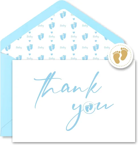 Tarjetas de agradecimiento para baby shower AZAZA con sobres, plantillas de huellas, 30 piezas, tarjetas de agradecimiento azules para bebé niño de
