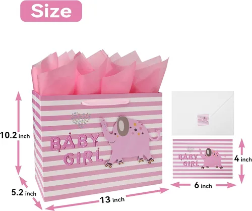Miniatura 2 de wishinside Juego de bolsa de regalo rosa grande de 13 pulgadas con tarjeta de felicitación y papel de seda (elefante 3D) para bebé, baby shower