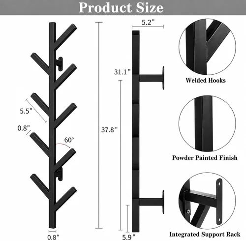 Miniatura 2 de Vlush Perchero de metal montado en la pared con 9 ganchos, moderno minimalista y vertical para colgar ropa, sombreros, bolsas colgantes y bufandas