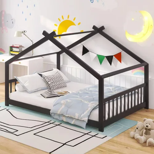 Miniatura 22 de Bellemave Cama Casa Tamaño Twin con 2 Cajones de Almacenamiento Cama Casa Montessori de Madera para Niños Marco de Cama de Madera Casa de Juegos Gris