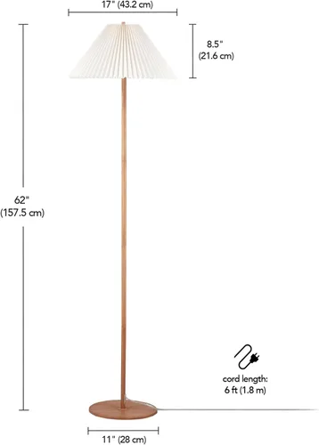 Miniatura 2 de GLOBE Electric 61000053 - Lámpara de pie de 62 pulgadas, acabado en tono madera, pantalla de tela plisada, interruptor de cadena de tracción, luz