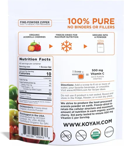 Miniatura 2 de KOYAH - Acerola en polvo orgánica, liofilizada: 60 porciones 1 cucharada = 500 mg de vitamina C natural de alimentos integrales, 100 puros, sin