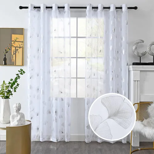 Miniatura 16 de Youleyar - 2 paneles de cortinas de gasa con estampado de lámina dorada, con ojales en la parte superior, para ventana, de 63 pulgadas de largo