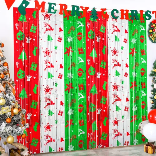 LOLStar Decoración de fiesta de Navidad, paquete de 4 cortinas de flecos de papel de aluminio con patrón navideño de 3.3 x 6.6 pies, color rojo,