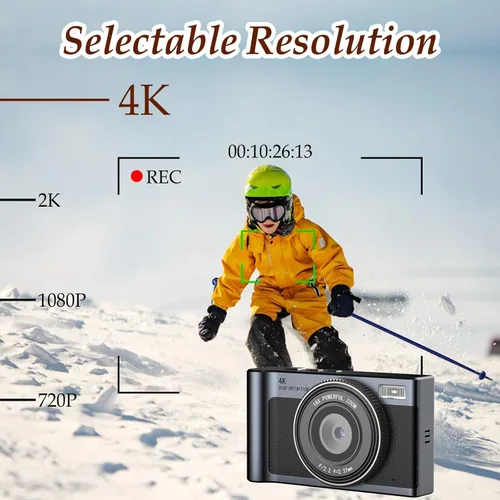 Miniatura 5 de Forc Cámara digital, cámara de fotos 4K con tarjeta de 64 GB, video antivibraciones con zoom 18X, cámara vintage para camping, viajes, vlogging