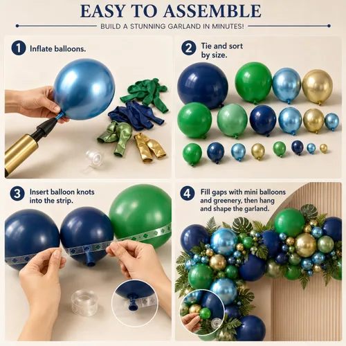 Miniatura 7 de Kit de guirnalda de globos azules y verdes de 134 piezas, kit de arco de globos azul marino, verde oscuro y dorado con globos cromados metálicos