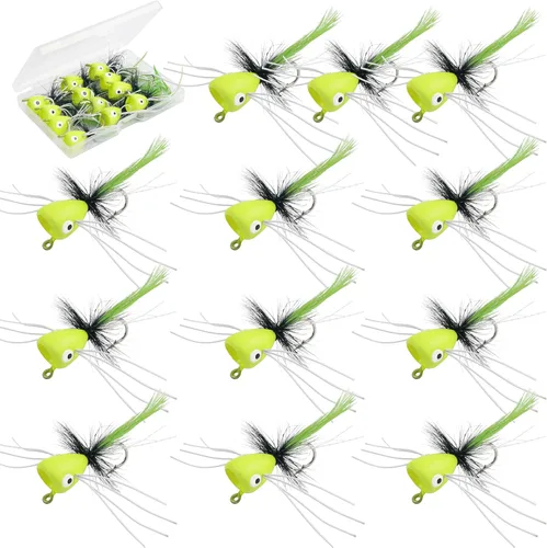 Poppers de pesca con mosca, 12 unidades para pesca con mosca, pesca con mosca, lubina, moscas, trucha, salmón, moscas, insectos, señuelos coloridos