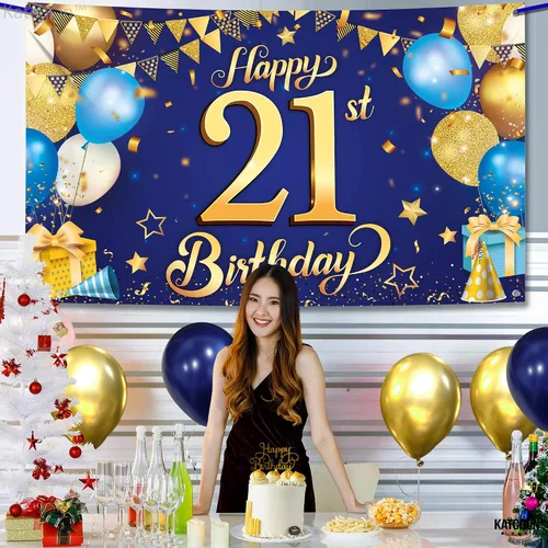 Miniatura 3 de KatchOn, Cartel de feliz cumpleaños número 21 azul y dorado – XL, 72 x 44 pulgadas Cartel azul y dorado para decoraciones de cumpleaños 21