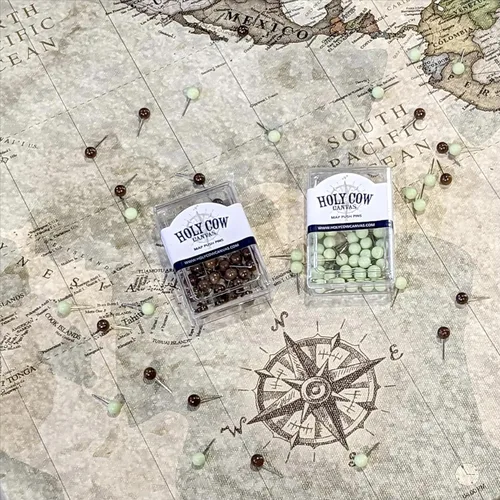 Miniatura 2 de HolyCowCanvas Mapa del Mundo Personalizado con Chinchetas sobre Lienzo en Tonos Tierra Vintage, Personaliza con Tus Nombres y Cita para Rastrear