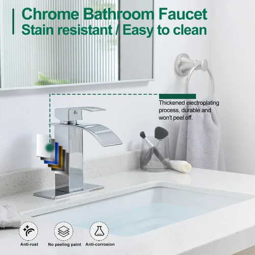 Miniatura 5 de VOTON - Grifo de baño cromado moderno de una sola manija en cascada para 1 o 3 agujeros con placa de cubierta, grifo de baño utilitario para Cromo