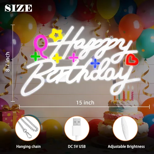 Miniatura 5 de Letrero de neón de feliz cumpleaños, letrero con luz LED de feliz cumpleaños, luz de neón regulable alimentada por USB, letrero de neón