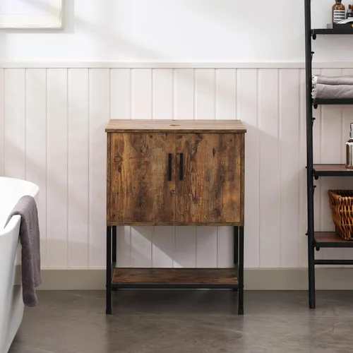 Miniatura 56 de UEV Tocador de Baño de Roble Rústico de 24" con Lavabo, Conjunto de Gabinete de Baño con Marco de Hierro Industrial con Puertas y Estante, con Combo