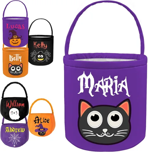 Cubos personalizados de Halloween para pedir dulces o trucos, cesta de Halloween personalizada con nombre para niños, bolsas de Halloween