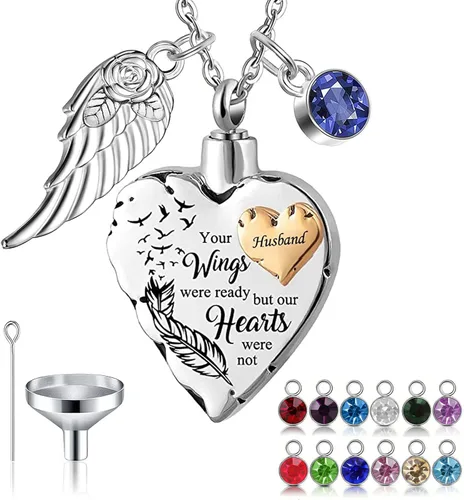 misyou Collar de cremación de corazón para cenizas, joyería de cremación con 12 piedras natales, collar de urna conmemorativa de alas de ángel para