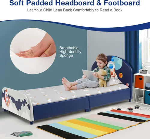 Miniatura 3 de Costzon Armazones de Cama Individual para Niños, Plataforma de Cama Individual Tapizada de Madera con Soporte de Listones, Cabecera y Pie de Cama