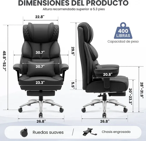 Miniatura 2 de BestGlory Silla de escritorio de oficina, silla de juegos de cuero grande y alta con reposapiés, sillas de computadora reclinables ejecutivas Negro