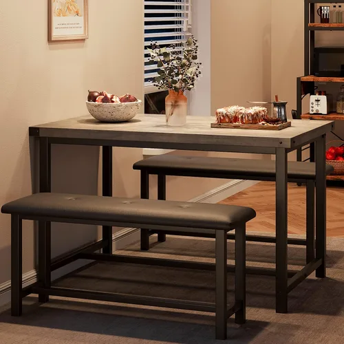 Miniatura 8 de Alkmaar Juego de mesa de cocina con 2 bancos tapizados para 4 personas, mesa rectangular de metal y madera para espacios pequeños, apartamento