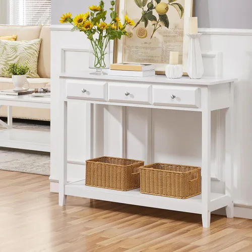 Miniatura 2 de Topeakmart Mesa consola con estante de almacenamiento y 3 cajones, mesa de sofá de 2 niveles para entrada/pasillo/sala de estar, material de madera
