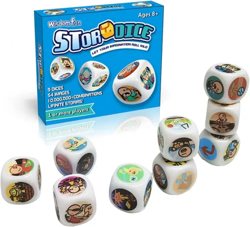 Happy Story - Paquete de 9 cubos coloridos – Un viaje feliz contar cubos y dados de lenguaje oral, 54 imágenes, combinación de historias ilimitadas,