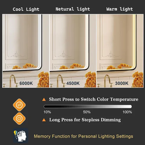 Miniatura 4 de Espejo de baño LED de 24x32 pulgadas con luces, espejo LED con marco de metal negro para baño, 3 colores y luz regulable sin escalones montada
