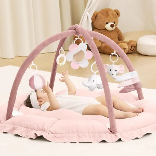 Miniatura 8 de ANGELBLISS Gimnasio de juego para bebé de 5 en 1, tapete reversible para tiempo de barriga con 5 juguetes sensoriales para el desarrollo basado