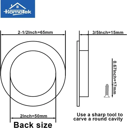 Miniatura 4 de HOMOTEK Paquete de 2 Manijas Redondas Deslizantes para Puerta de Armario Diámetro 2-1/2 pulgadas (65mm) Tiradores Empotrados Negros de Bolsillo