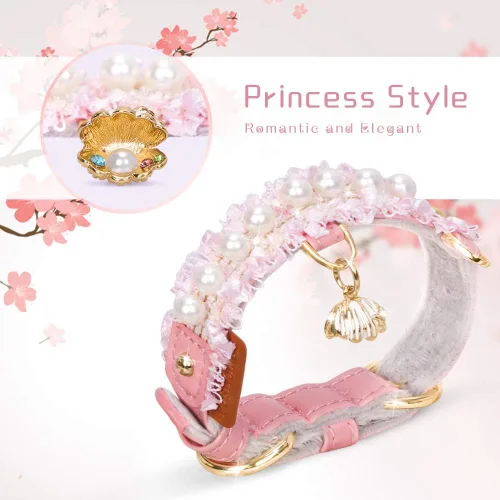 Miniatura 2 de Collar Premium de Cuero PU para Gato y Perro con Colgante de Concha - Ajustable, Perla Linda, Encaje Hermoso, Rosa Pequeña
