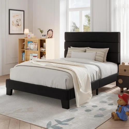 Miniatura 15 de Allewie - Base de cama de plataforma matrimonial con cabecera tapizada de tela y soporte de listones de madera, base de colchón totalmente tapizada