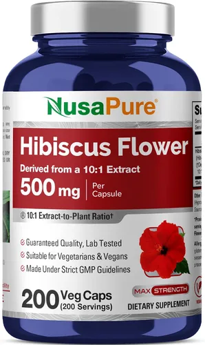 NusaPure Cápsulas de flores de hibisco, 500 mg, 200 cápsulas vegetales (sin OMG, veganas)
