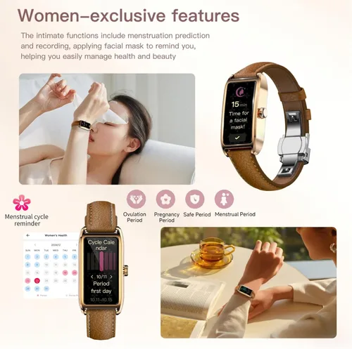 Miniatura 5 de Amoled Laies - Reloj inteligente para mujer, reloj inteligente con correa de piel, monitor de ritmo cardíaco, estrés, sueño, 12 modos deportivos