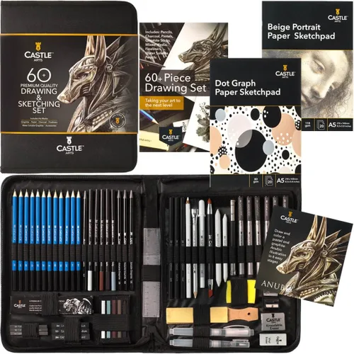 Castle Art Supplies Juego de 60 piezas de dibujo y bocetos | Grafito, carbón, pastel, lápices solubles en agua + palos, delineadores finos, para