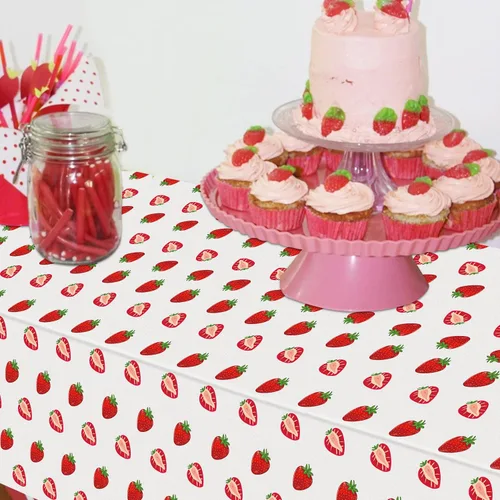 Miniatura 8 de Paquete de 4 manteles de fiesta de fresa, mantel de fresa para primer cumpleaños, mantel de plástico con diseño de fresas, suministros de fiesta