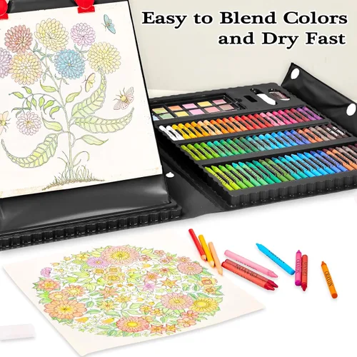 Miniatura 7 de KINSPORY Kit de arte, 290 unidades de arte para manualidades, kit de colorear, caballete triple de doble cara, pasteles al óleo, crayones y lápices
