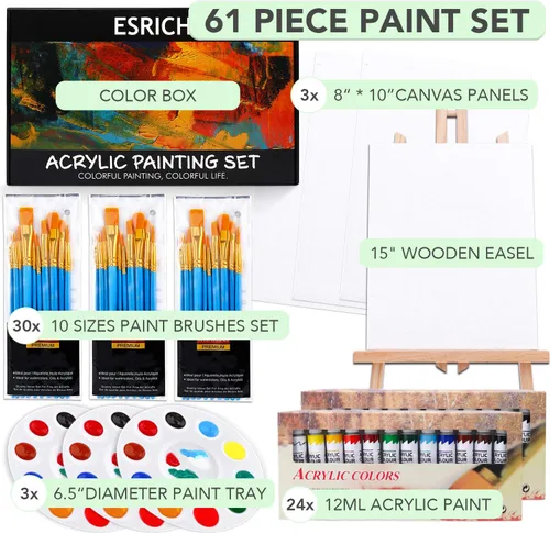 Miniatura 7 de ESRICH Juego de pintura acrílica, suministros de pintura con 2 piezas de pintura acrílica de 12 colores, 1 caballete, 3 lienzos, 30 pinceles y 3