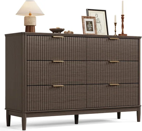 LINSY Cómoda acanalada para dormitorio con 6 cajones, cómoda moderna de mediados de siglo con manijas de metal dorado, cómodas anchas de madera