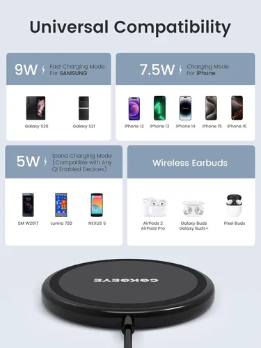 Miniatura 4 de COKOEYE Cargador inalámbrico, almohadilla de carga inalámbrica rápida de 15 W, paquete de 2 unidades compatible con iPhone 17/17 Air/17 Pro/17 Pro