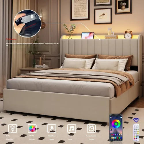 Miniatura 5 de Marco de cama completa con 4 cajones y cabecera de almacenamiento, marco de cama de plataforma tapizada tamaño completo con luces LED y práctica