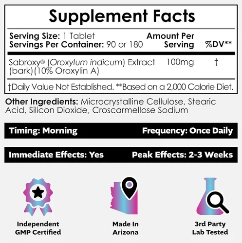 Miniatura 2 de Nootropics Depot Sabroxy® Tabletas 100 mg 180 unidades Mínimo 10% Oroxilina-A Oroxylum indicum Puede ayudar a promover el enfoque