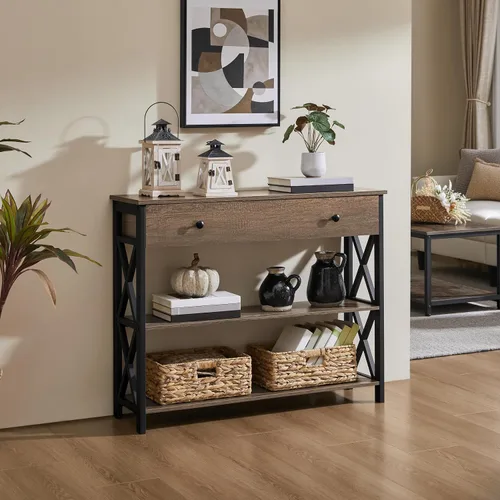 Miniatura 2 de Yaheetech - Mesa de consola con cajón y 2 estantes abiertos de almacenamiento, mesa de sofá para sala de estar, mesa estrecha de 3 niveles