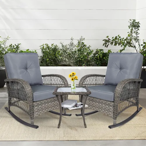 Miniatura 23 de MEETWARM Mecedora de mimbre para exteriores, sillas mecedoras de ratán para patio con cojines y respaldo alto, silla de mimbre para patio para todo