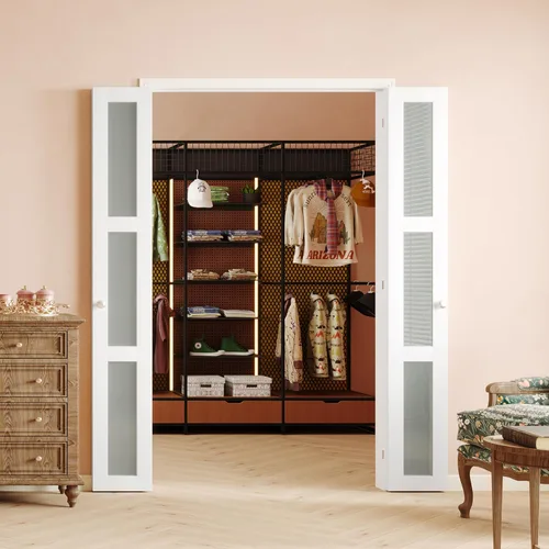 Miniatura 8 de Puerta plegable de 180 grados, para aberturas de 30 ″ x 80 ″, puerta plegable esmerilada blanca 3-Lite con bisagras, juego de herrajes para puertas