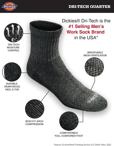 Miniatura 2 de Dickies Calcetines Dri-Tech para hombre con control de humedad, disponibles en tallas M-XXL (6, 12, 18 pares)