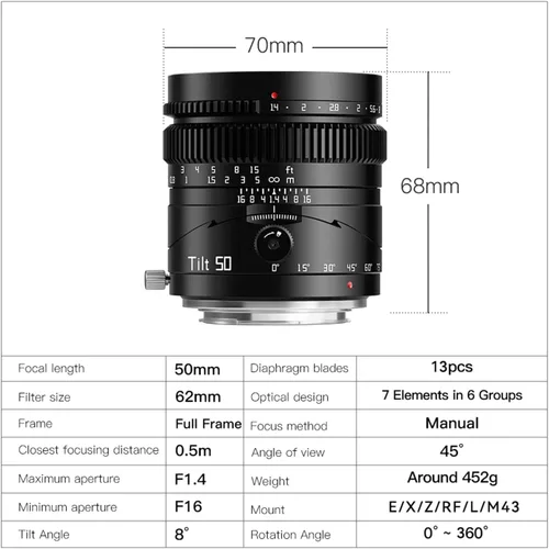 Miniatura 7 de TTARTISAN Lente inclinable de 1.969 in f1.4 de marco completo, enfoque manual, lente vertical, cámara sin espejo de gran apertura compatible