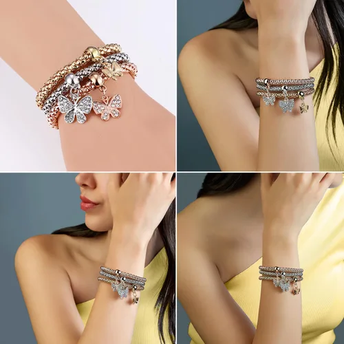 Miniatura 5 de GuGoLar 12 pulseras de cadena de maíz de oroplataoro rosa de cristal multicapa de mariposa círculo de corazón medallón de árbol de la vida