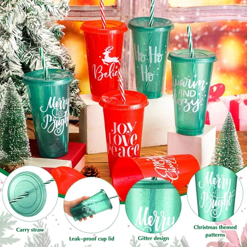 Miniatura 3 de Tioncy 50 vasos de plástico de Navidad con tapas y popote a granel, vasos de plástico de Navidad reutilizables de 25 onzas, tazas de Navidad