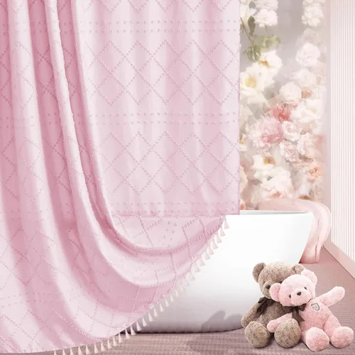 Miniatura 33 de Siiluminisoy Cortina de ducha bohemia rosa con textura y borlas de 72 x 72 pulgadas con tul, cortina de ducha de chenilla tejida con rayas chevrón