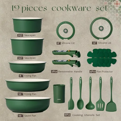 Miniatura 2 de CAROTE Juego de utensilios de cocina de cerámica de 19 piezas, juego de ollas y sartenes antiadherentes, no tóxicos, mango desmontable, juego