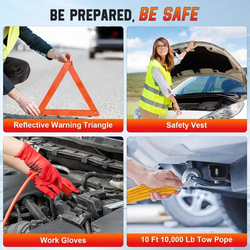 Miniatura 8 de Kit de emergencia en carretera para vehículos, kit de primeros auxilios de emergencia con compresor de aire portátil, cables de puente resistentes