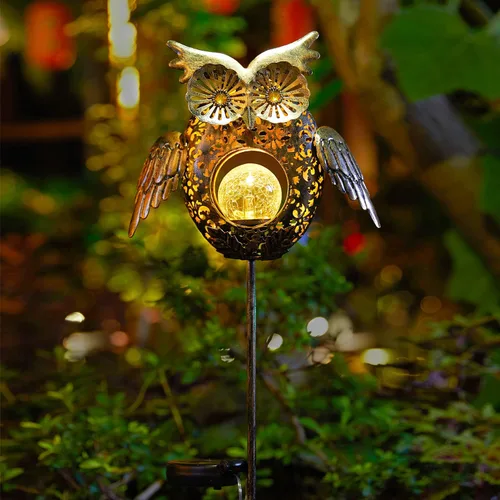 Miniatura 6 de Go2garden - Luces solares para exteriores, estacas metálicas decorativas con diseño de búho, pez, tortuga, luces de cristal craquelado para césped